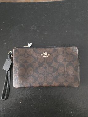 Coach Brown Signature Canvas Wristlet with Black Strap
